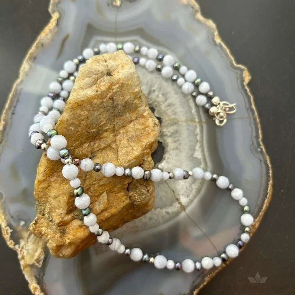 Carolyn Pollack Sterling Blue Lace Agate &Eggplant Pearl Bead Necklace For Women